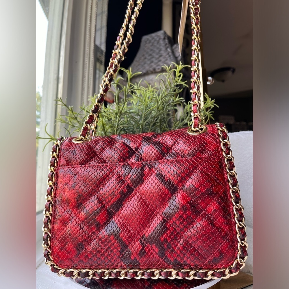 Michael Kors Carine Medium Quilted Red Snake Print Leather Shoulder Bag NWT - Picture 3 of 5